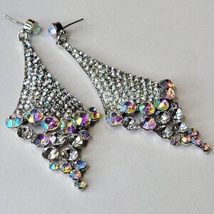 Iridescent Long Crystal Earrings with Aurora Borealis Rhinestone Silver Earrings